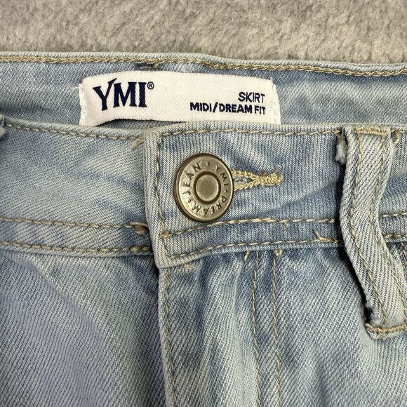 YMI Dream Fit Denim Mini Skirt 1/25 Blue Raw Hem Distressed Jean Pockets Stretch - Picture 2 of 12